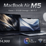 MacBook Air M5 2026 laptop in Midnight and Sky Blue showing price ₹1,14,900 with Apple M5 chip, 512GB storage and Wi-Fi 7