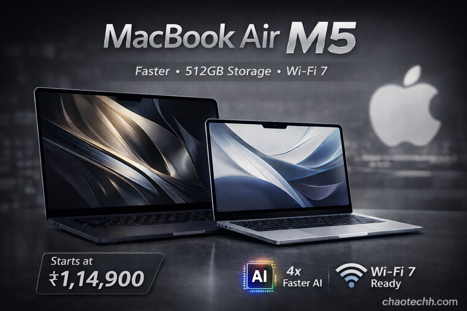 MacBook Air M5 2026 laptop in Midnight and Sky Blue showing price ₹1,14,900 with Apple M5 chip, 512GB storage and Wi-Fi 7