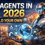 Futuristic autonomous AI agent in a smart city with holographic interface showing how to build your own AI agent in 2026