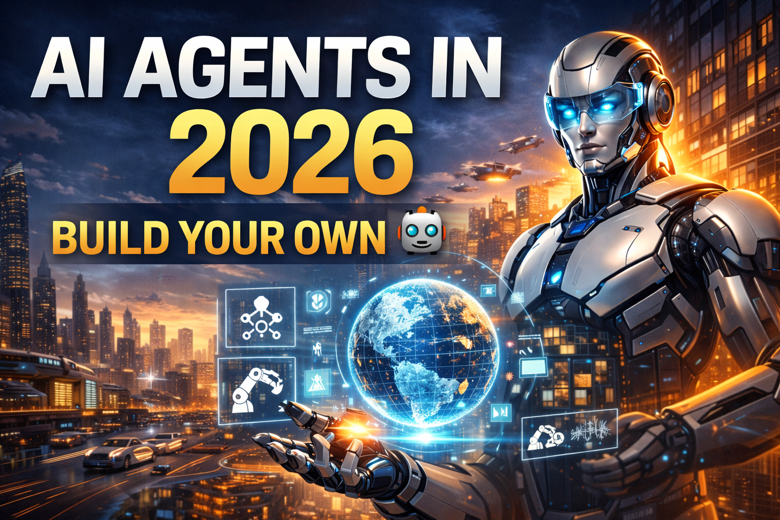 Futuristic autonomous AI agent in a smart city with holographic interface showing how to build your own AI agent in 2026