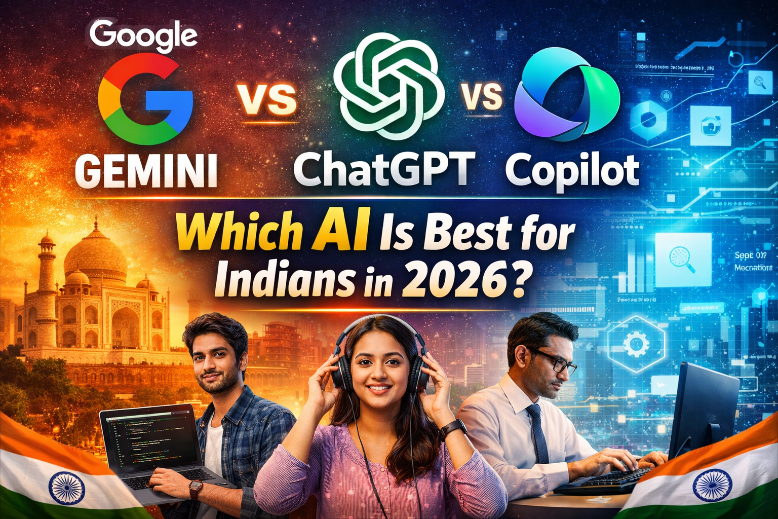 ChatGPT vs Google Gemini vs Microsoft Copilot comparison for India 2026 showing which AI tool is best for students, creators and professionals