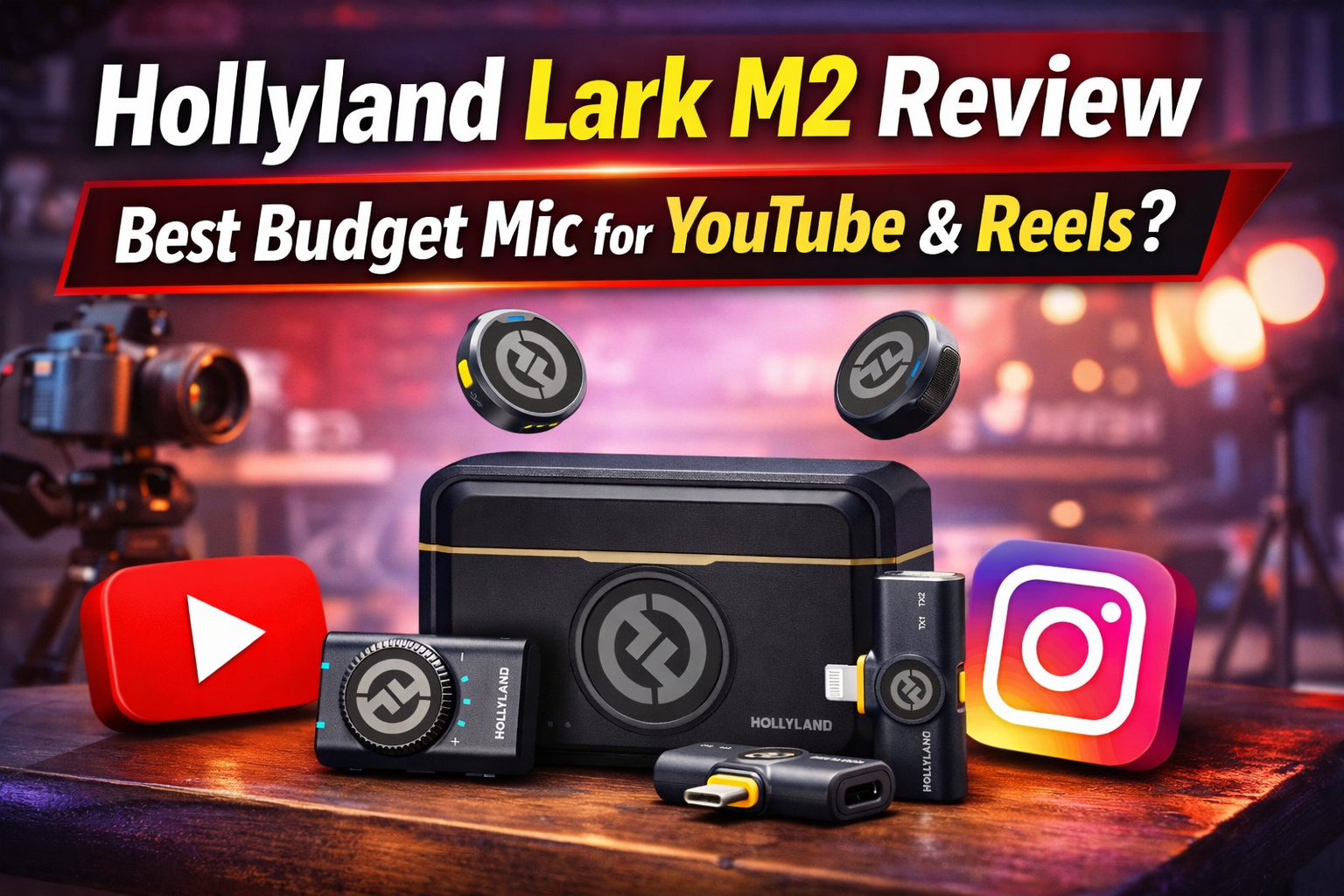 Hollyland Lark M2 wireless microphone review showing transmitter, receiver and charging case – best budget mic for YouTube and Instagram Reels creators