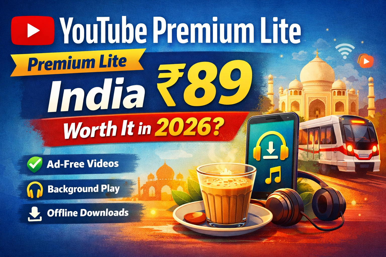 YouTube Premium Lite India ₹89 plan showing ad-free videos, background play and offline downloads features in 2026