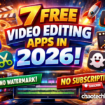 Thumbnail showing 7 free video editing apps in 2026 with no watermark and no subscription, featuring bold colorful text and editing icons with chaotechh.com branding