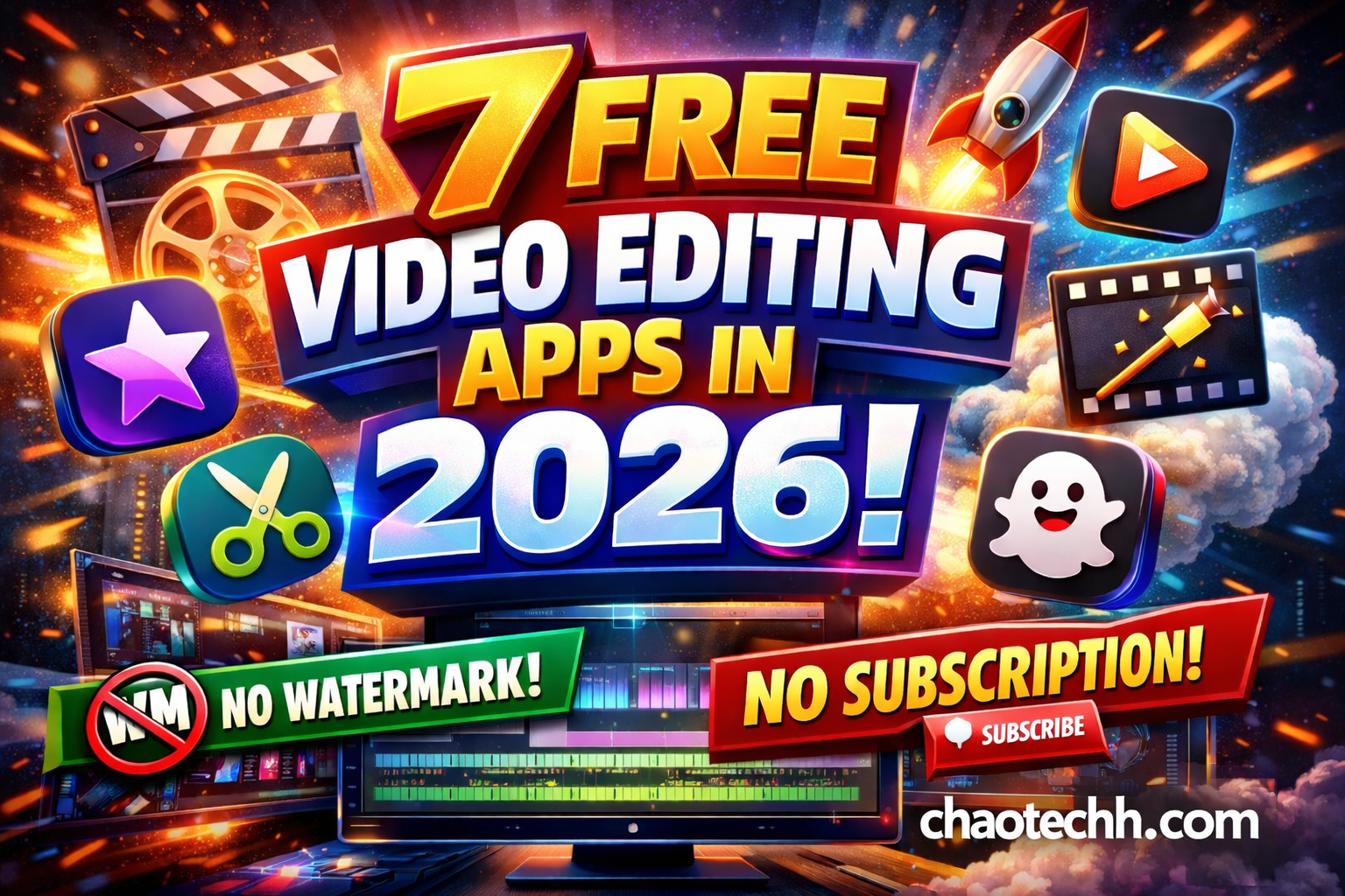 Thumbnail showing 7 free video editing apps in 2026 with no watermark and no subscription, featuring bold colorful text and editing icons with chaotechh.com branding