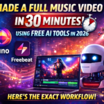 AI music video created in 30 minutes using Suno and Freebeat apps with futuristic editing workflow and video production setup
