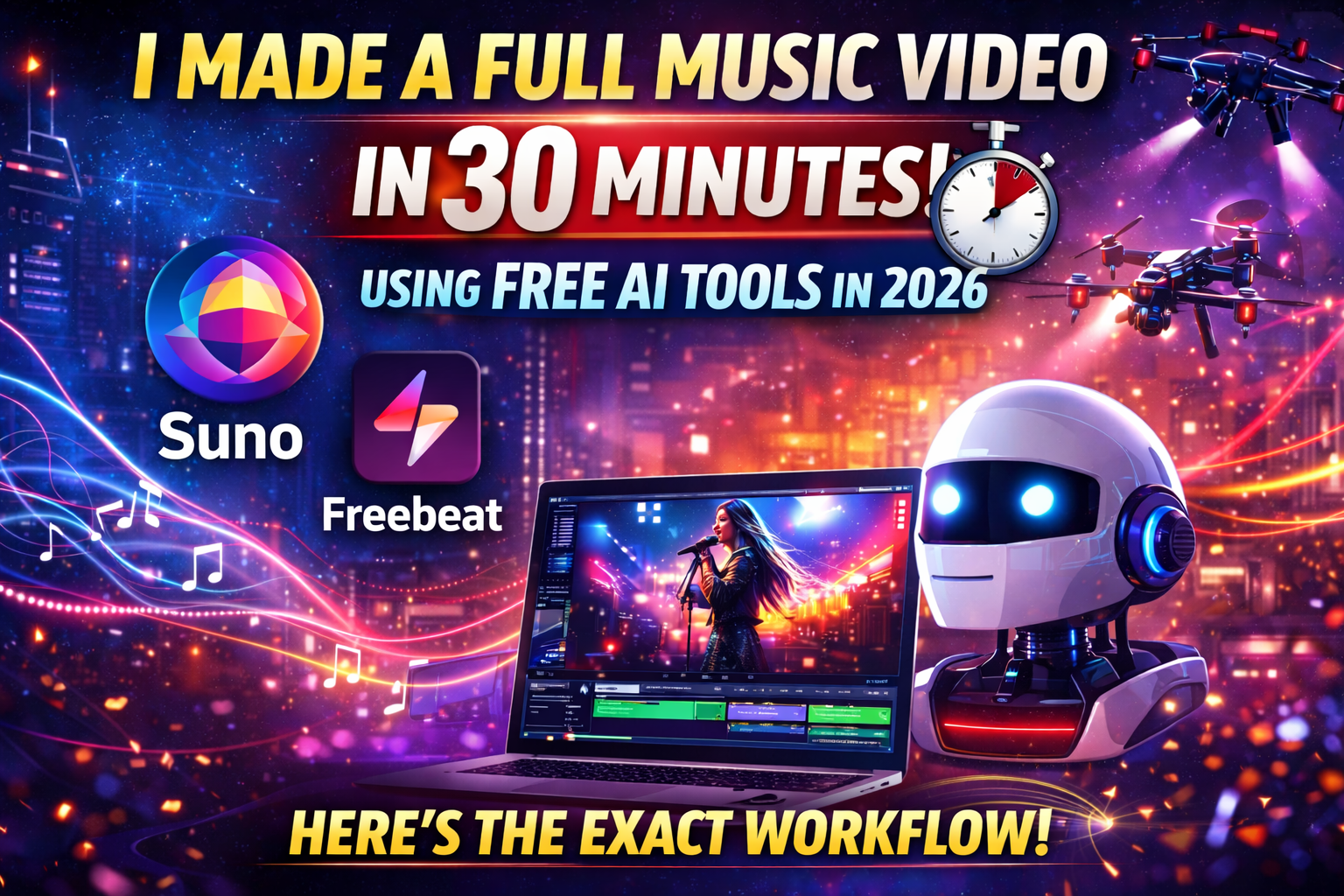 AI music video created in 30 minutes using Suno and Freebeat apps with futuristic editing workflow and video production setup