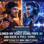 Man recording a song with AI voice clone technology showing real vs digital voice with chaotechh.com branding