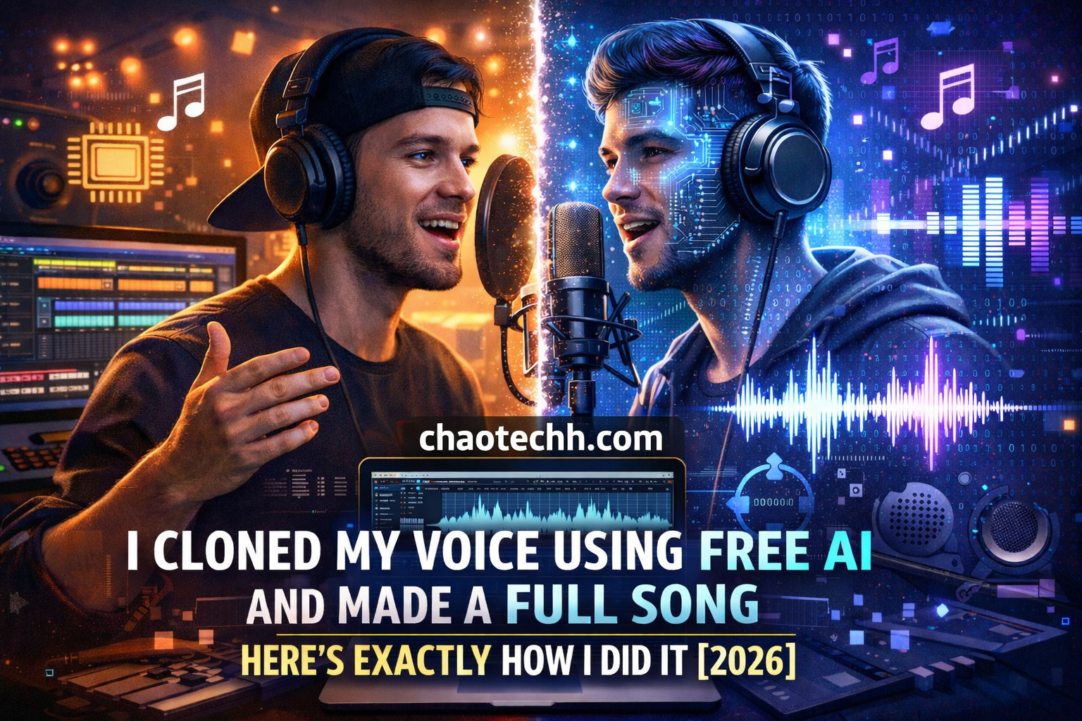 Man recording a song with AI voice clone technology showing real vs digital voice with chaotechh.com branding