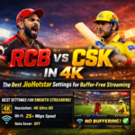 RCB vs CSK 4K streaming guide showing best JioHotstar settings for buffer-free live IPL match with Virat Kohli and MS Dhoni in stadium background