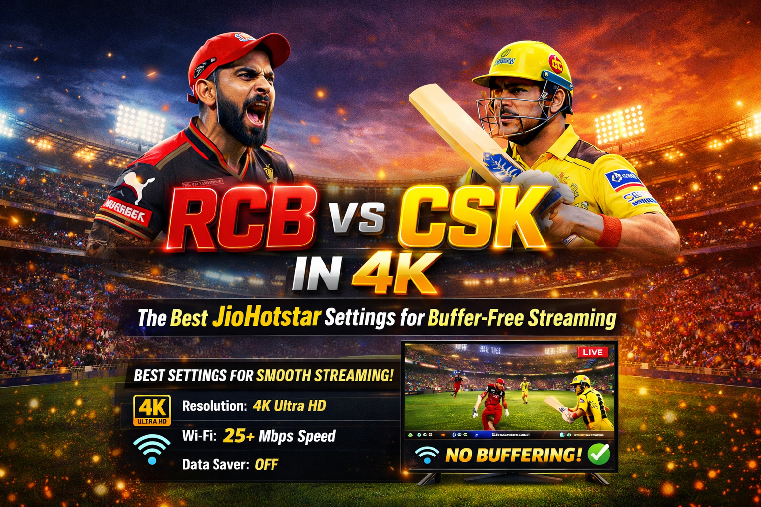RCB vs CSK 4K streaming guide showing best JioHotstar settings for buffer-free live IPL match with Virat Kohli and MS Dhoni in stadium background